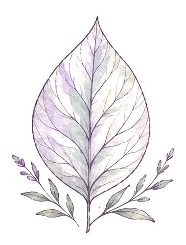 Watercolor illustration of a veined leaf with lavender sprigs