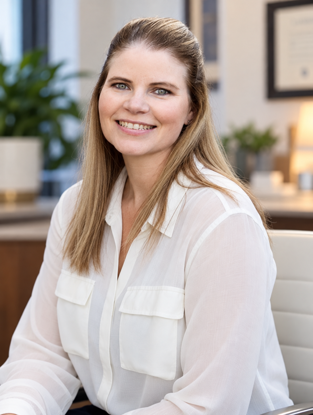Karen Stringer, owner of Blossom Wellness Centre, smiling in her office