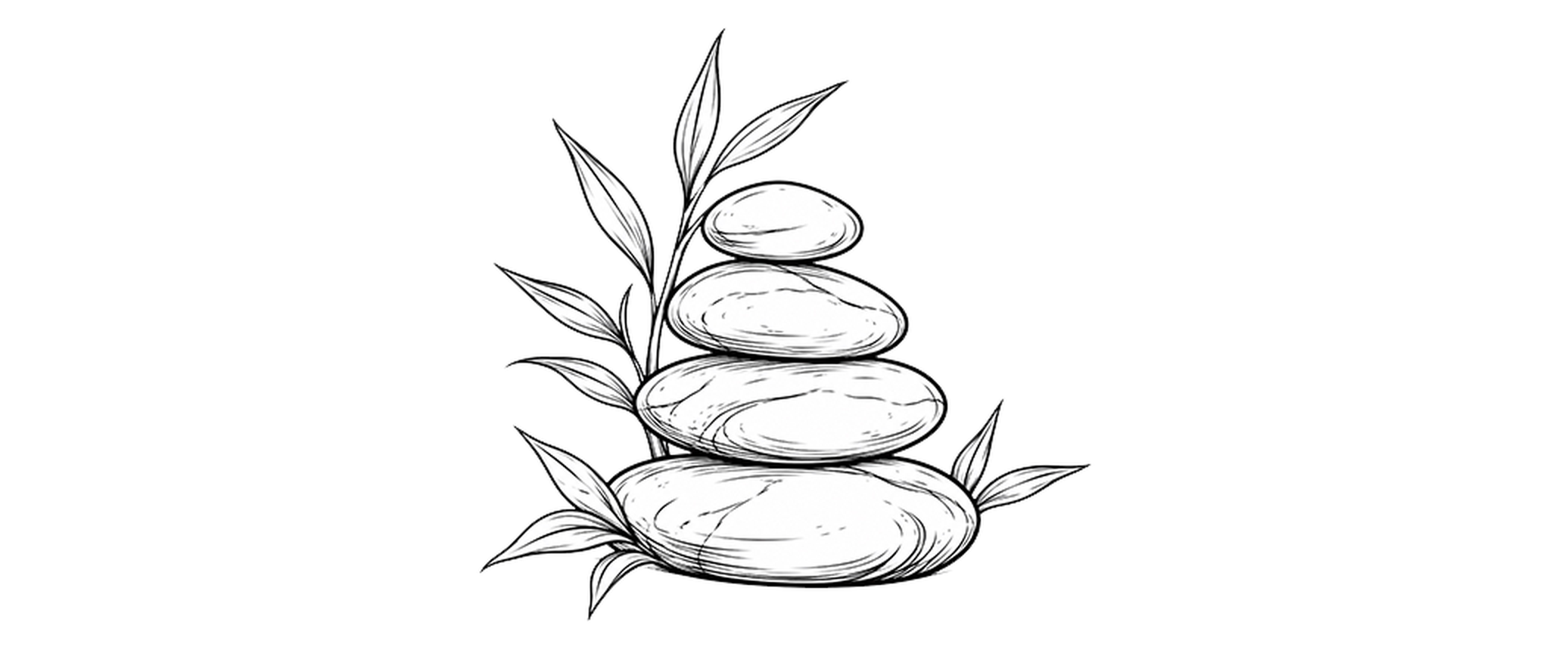 Black and white line drawing of stacked stones with leaves.