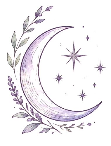 Watercolor illustration of a crescent moon and stars framed by lavender sprigs