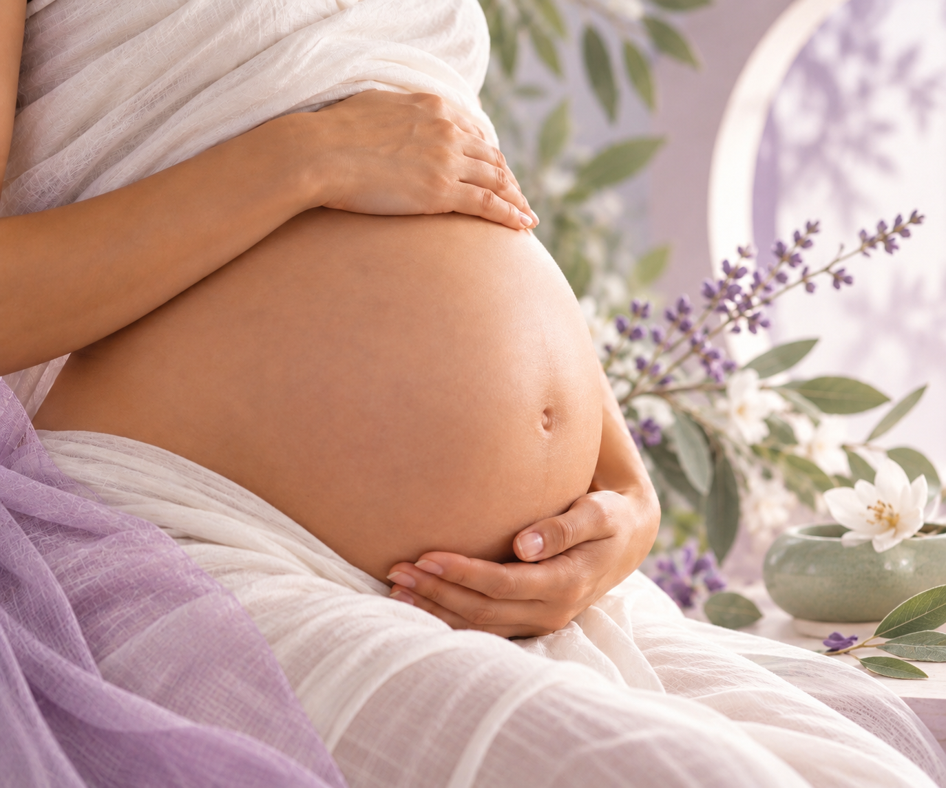 A pregnant woman's belly being gently cradled by her hands, with a soft, floral background.
