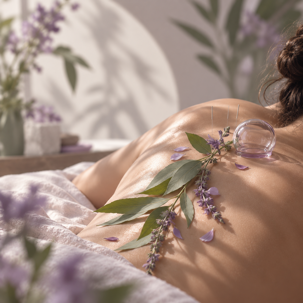 A person lying face down on a massage table with purple flowers and green leaves placed on their back, surrounded by soft natural light and flower arrangements in the background.