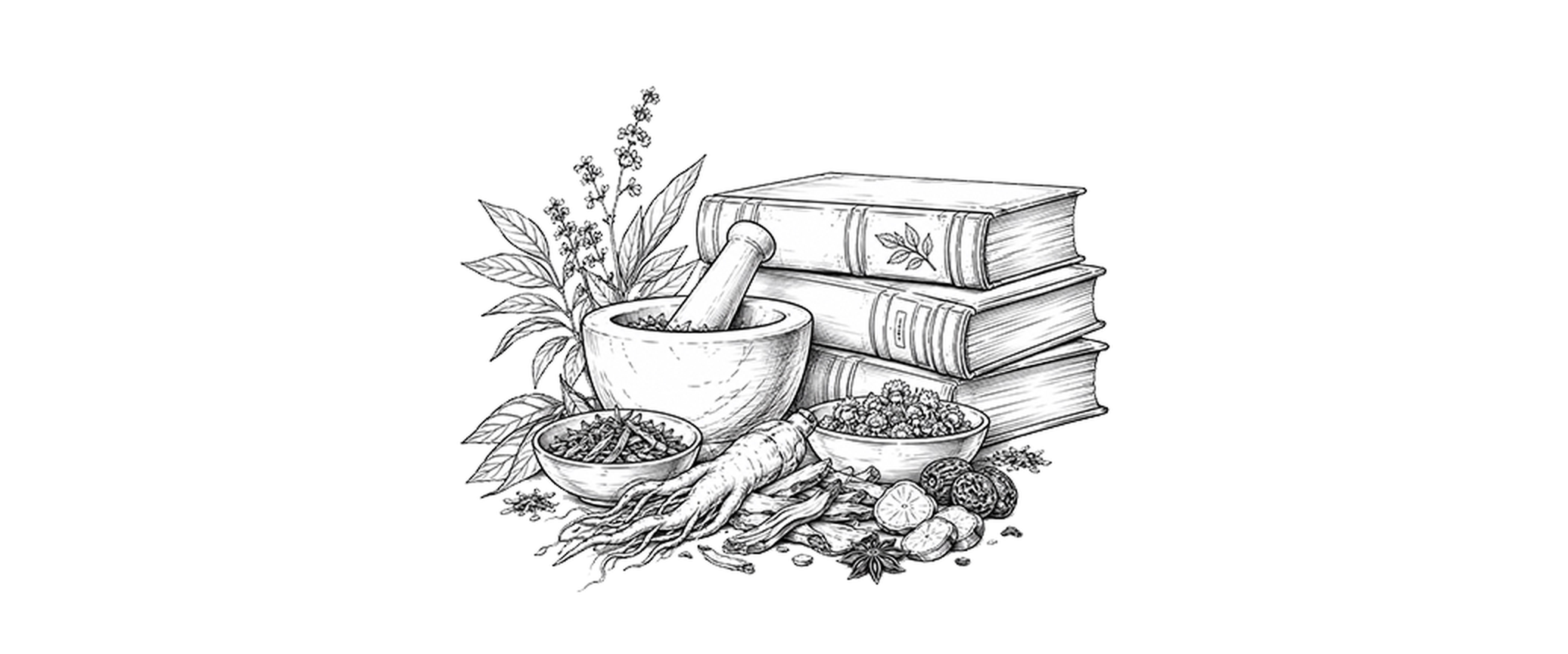 Drawing of herbs, books, a mortar and pestle.