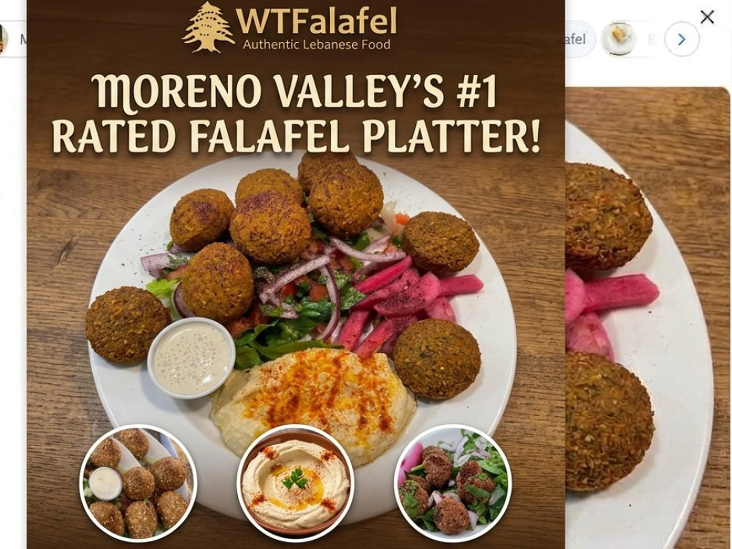 Plate of Lebanese food with falafel balls, hummus, salad, and sauces at a restaurant named WTFalafel, Moreno Valley.