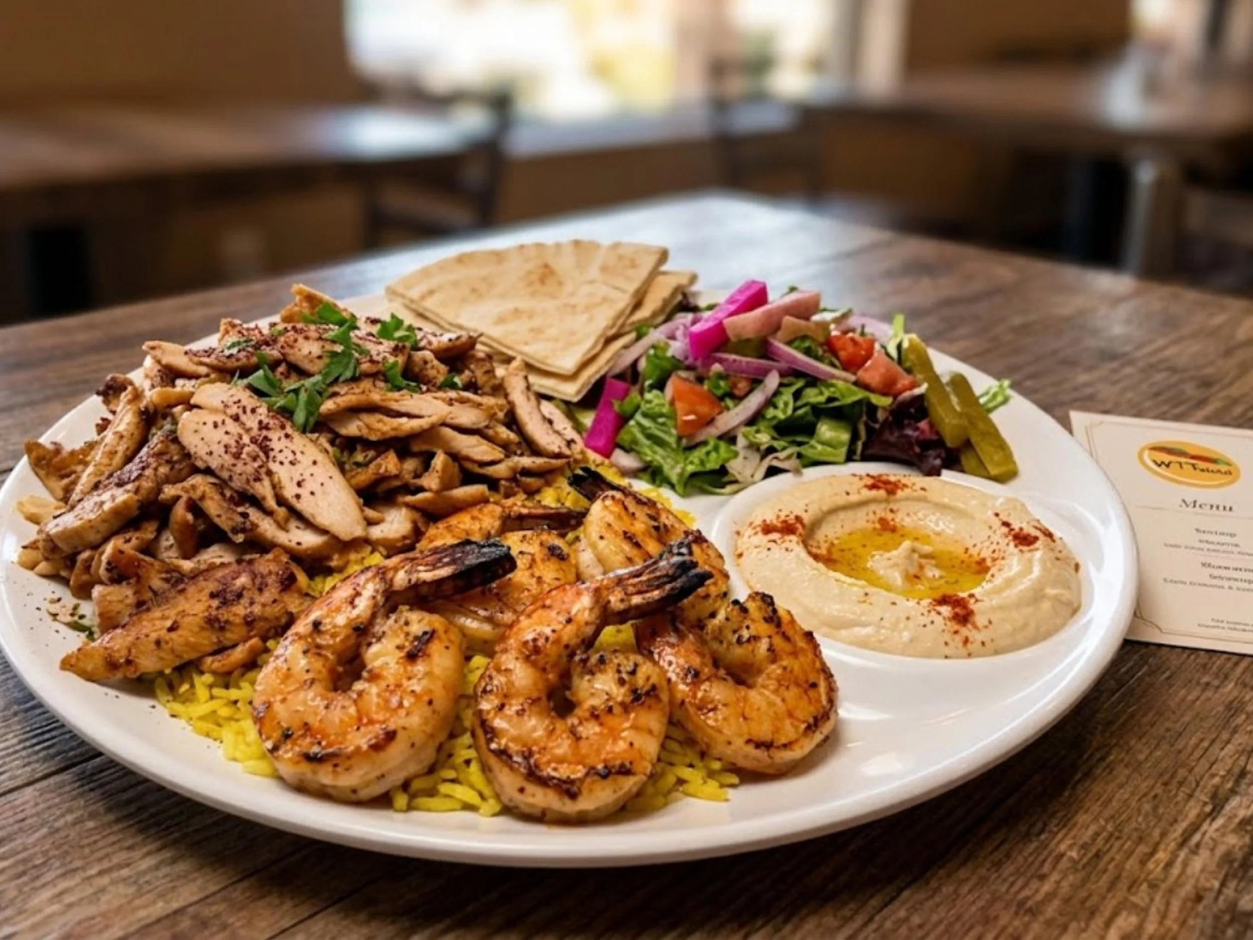A plate of grilled chicken, shrimp, rice, sliced vegetables, bread, and hummus on a wooden table in a restaurant.