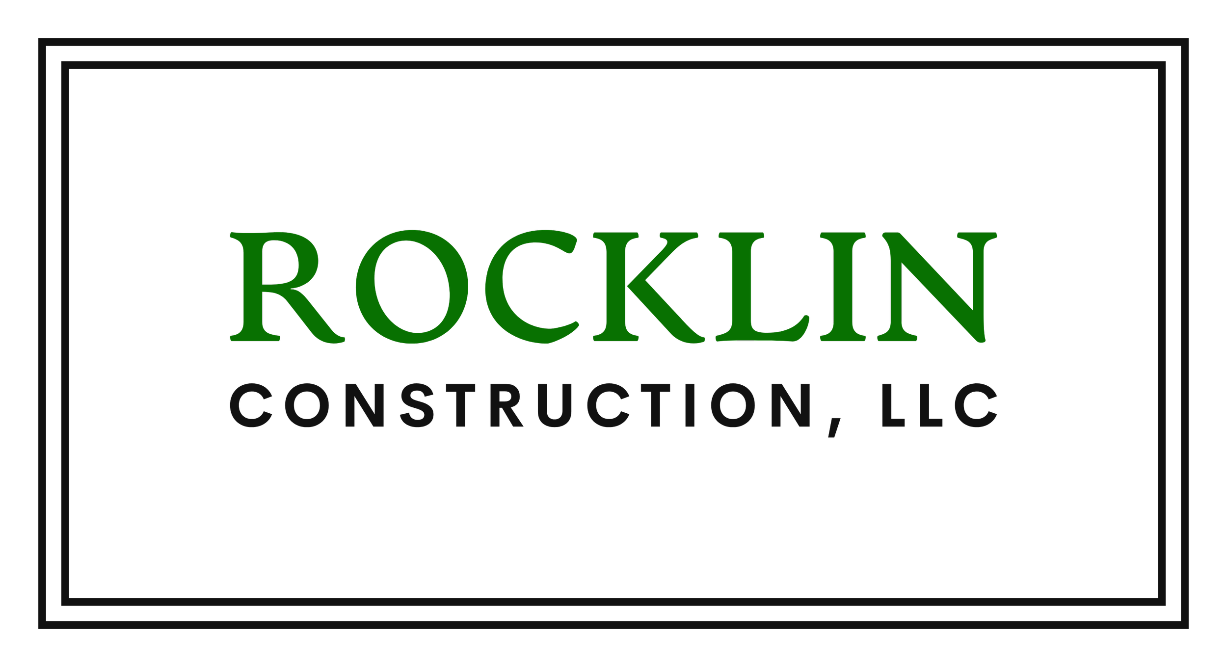 Logo with the text 'Rocklin Construction, LLC' in green and black colors.