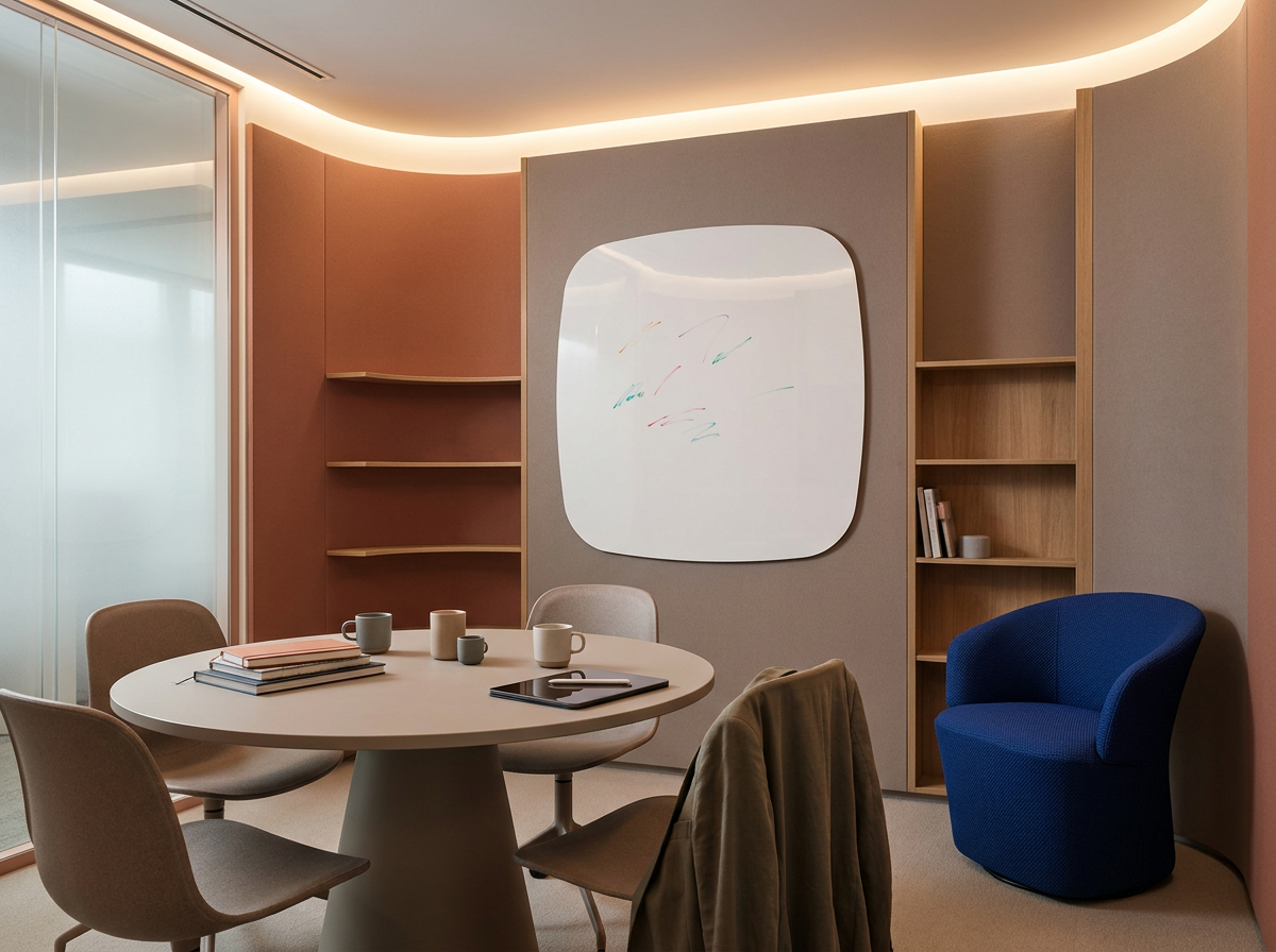 Modern meeting room with a round table, four beige chairs, a blue armchair, and built-in wooden shelves on the wall. There are mugs, books, and a laptop on the table, and a whiteboard with faint colorful markings on the wall. The room has soft lighting and a glass wall on the left side.