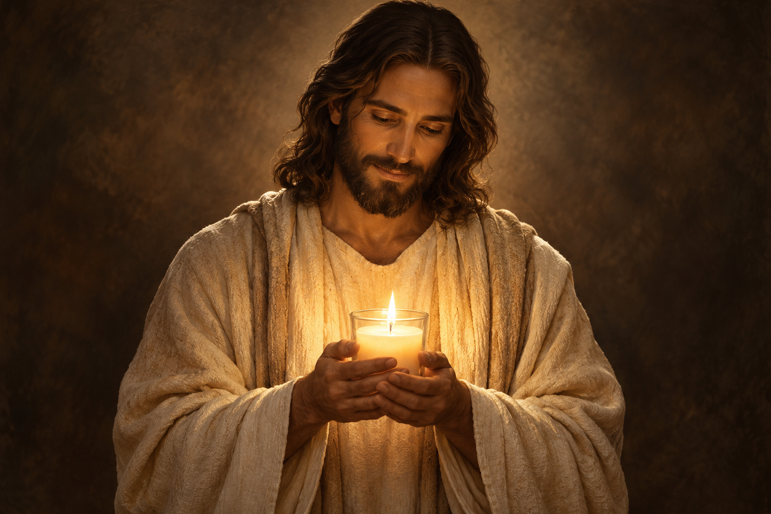 Illustration of Jesus gently holding a glowing candle