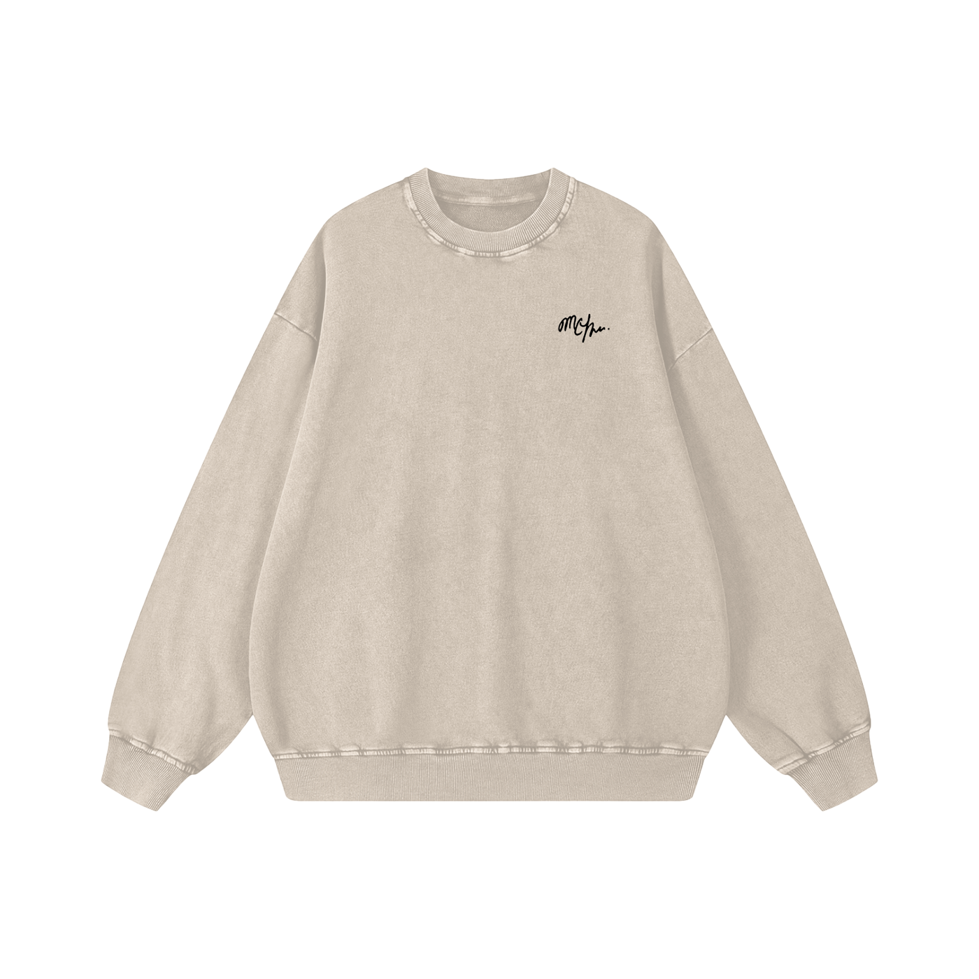 A beige crewneck sweatshirt with black embroidered text on the left chest area that reads 'mcpan'.