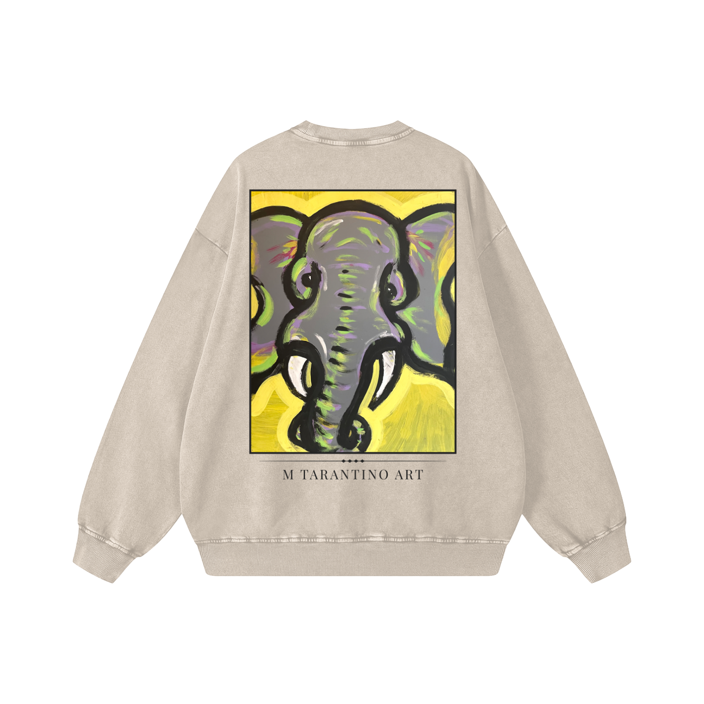 A beige sweatshirt featuring a colorful, abstract painting of an elephant in front of a yellow background, with the text "M TARANTINO ART" below.