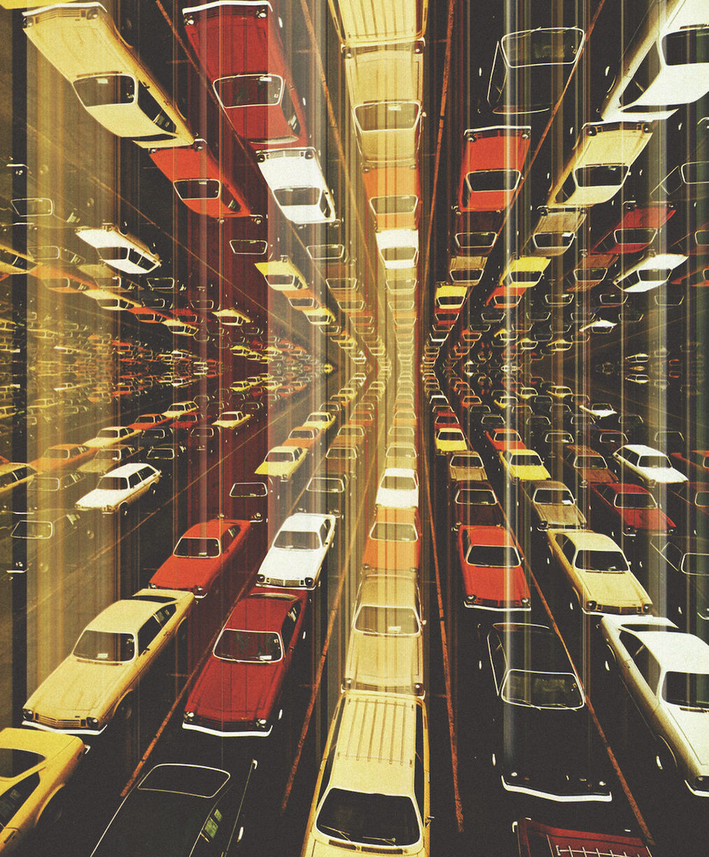 A surreal digital art depiction of a cityscape through a glass window, showing many cars in various colors, creating a tunnel-like effect with reflections and light streaks.