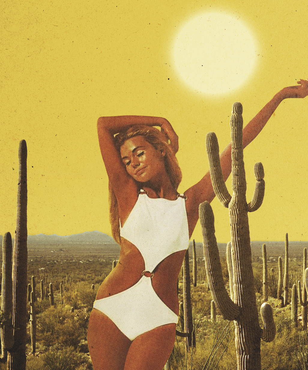 A woman with curly hair and closed eyes is standing in a desert landscape with tall cacti, wearing a white cut-out swimsuit, under a bright yellow sun in a yellow sky.