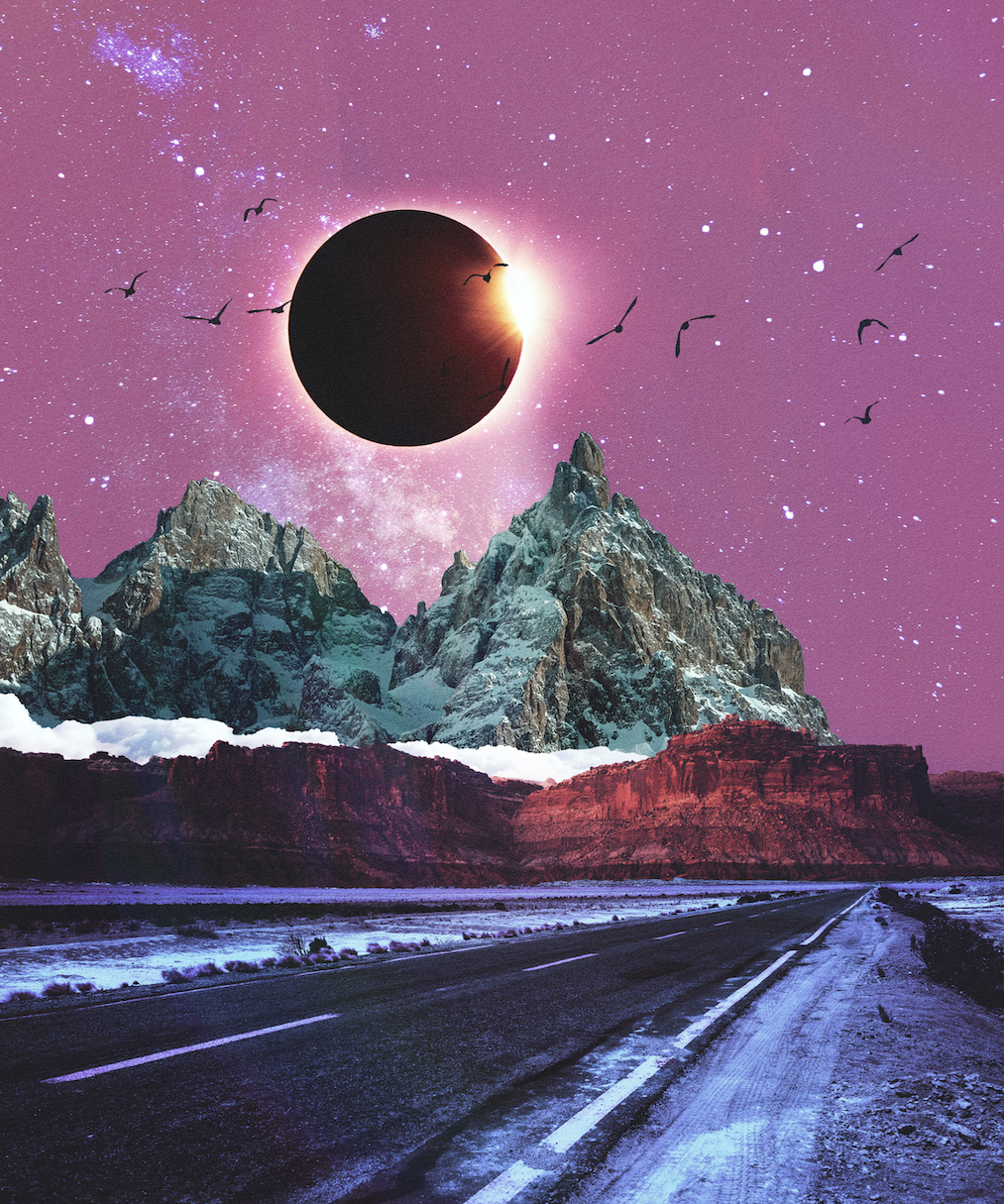 A surreal landscape featuring a paved road leading towards snow-capped mountains with rocky cliffs beneath a starry pink-purple sky. An eclipse with a dark moon and a bright halo is in the sky, surrounded by floating birds.
