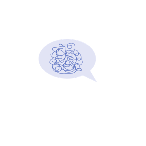 Black silhouette of a person with a question mark above their head, and a speech bubble containing a scribbled tangle, representing confusion or being puzzled.