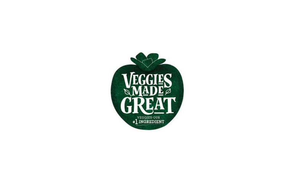 Green logo with a leafy top and the words "Veggies Made Great" and "Veggies: Our #1 Ingredient" inside a tomato shape.