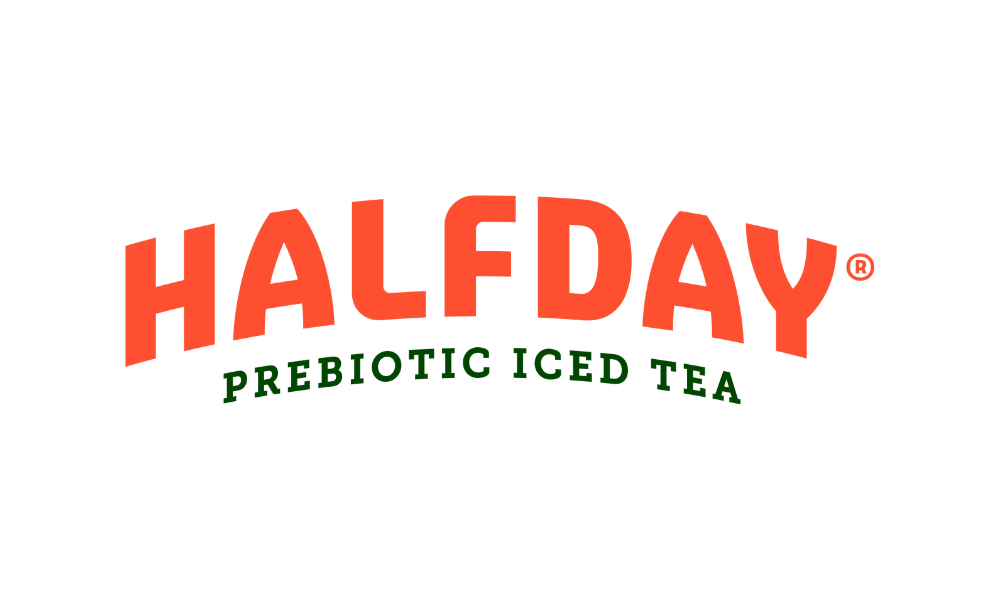 A logo for HALF DAY prebiotic iced tea with bold red and green text.