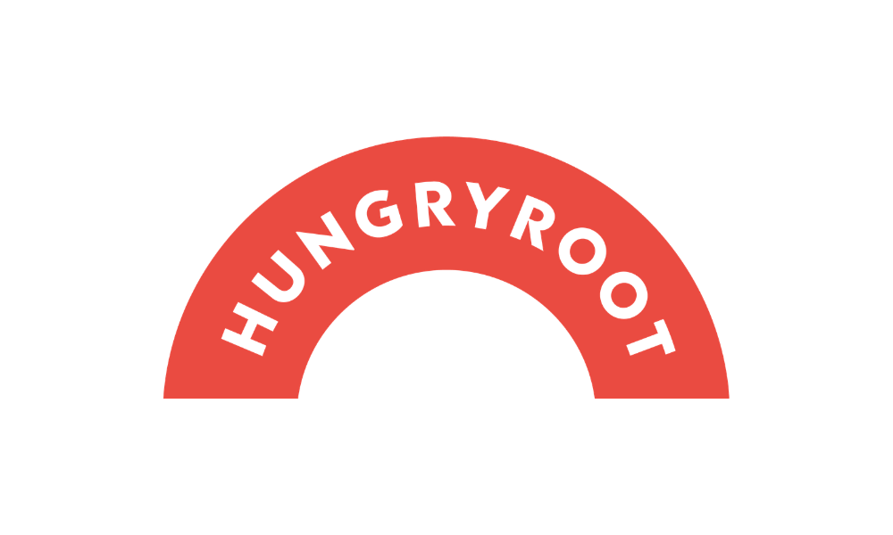 Red semi-circle with black text reading "Hungry Root".