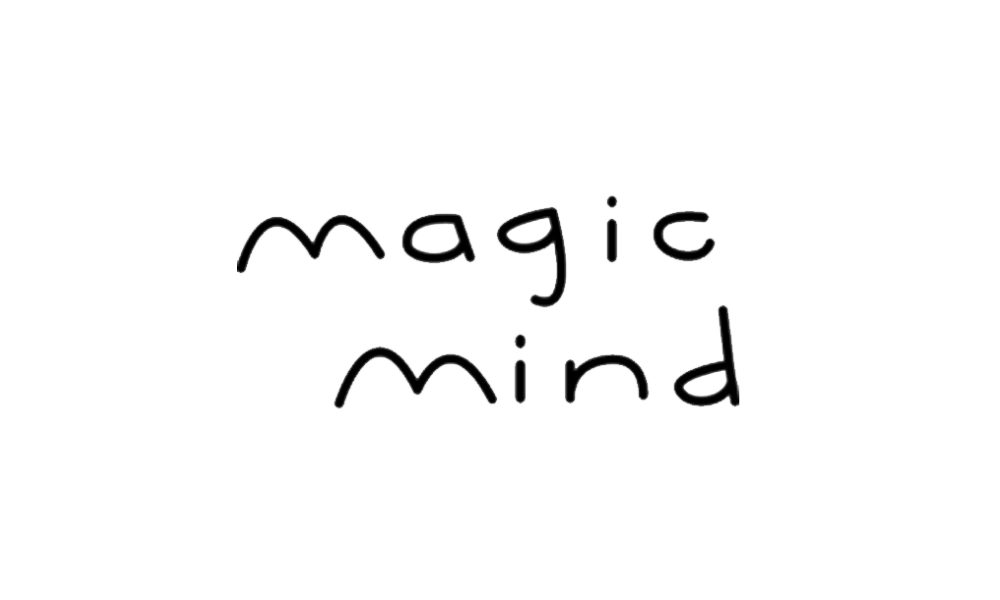 The words 'magic' and 'mind' written in black, playful lowercase letters on a white background.