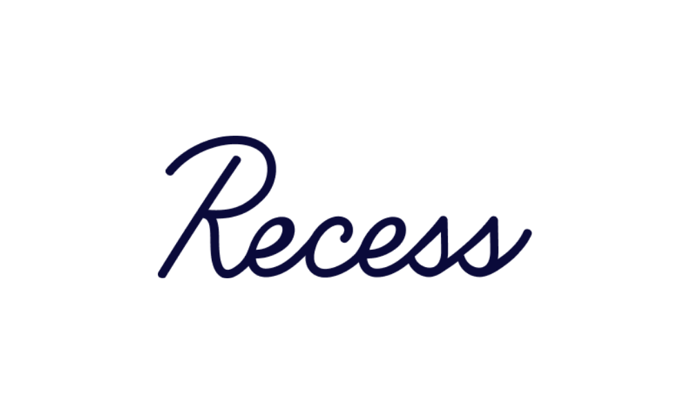 Black background with the word 'Recess' written in dark blue cursive font.