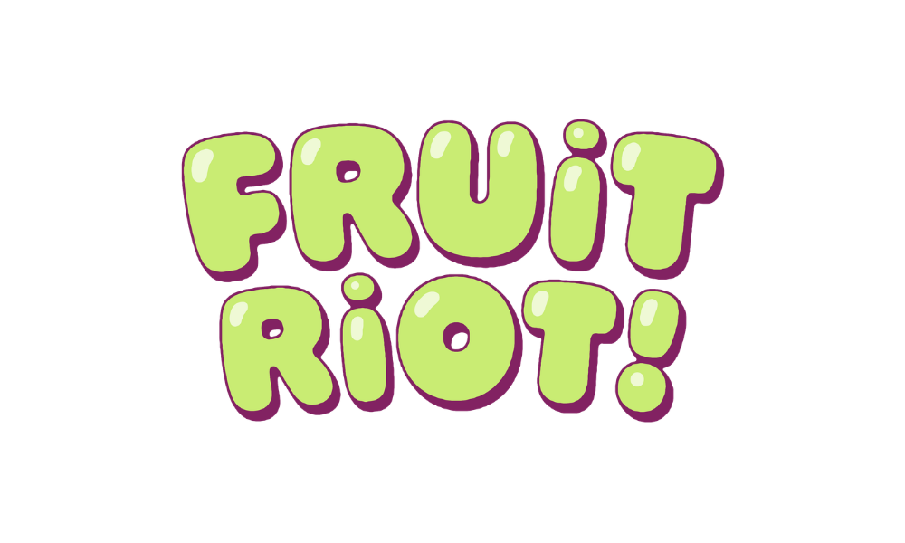 Colorful cartoon text saying 'Fruit Riot!' with a playful, bubbly font in light green and purple outlines.