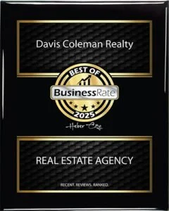 Business award plaque titled 'Best of Business Rate 2023' for Davis Coleman Realty, a real estate agency.