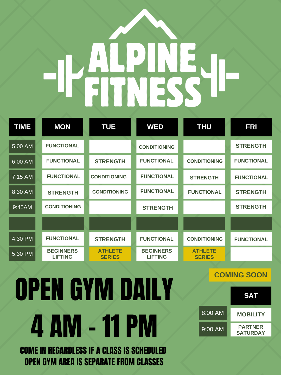 Schedule for Alpine Fitness gym, listing class times and types for each weekday, with additional info on open hours and special classes, and gym hours from 4 AM to 11 PM.