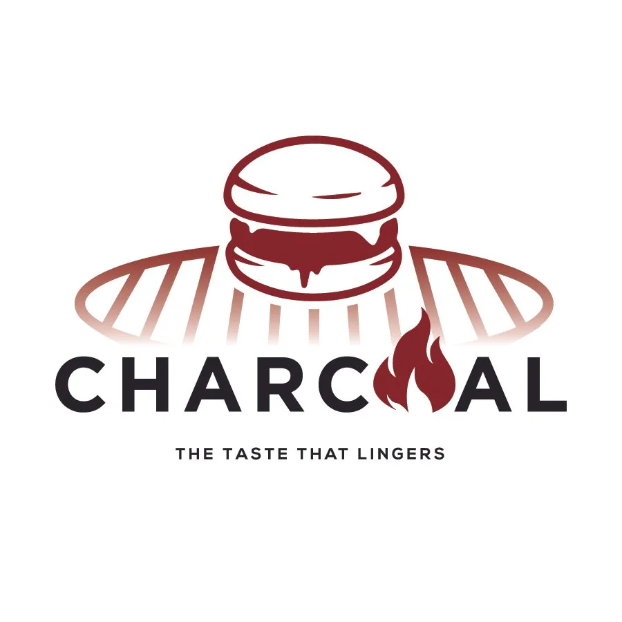 Logo for Charcoal featuring a stylized burger grill with a burger, with the brand name 'Charcoal' underneath and the tagline 'The Taste That Lingers'.