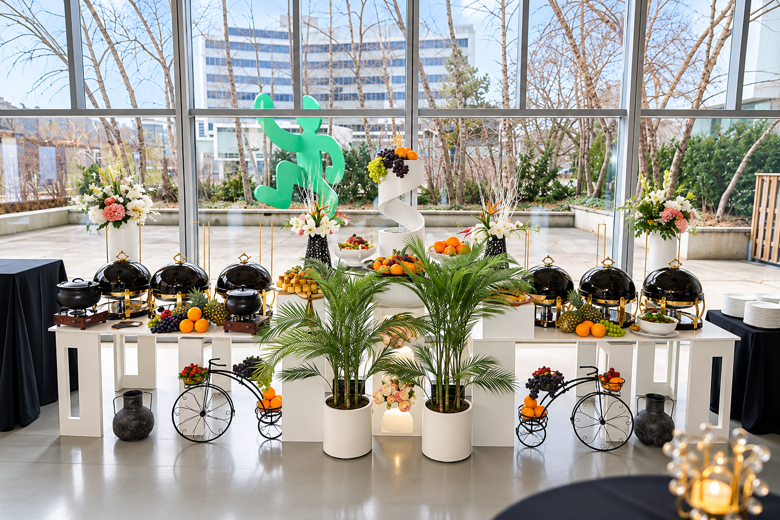 Buffet setup with black chafing dishes, bowls of fruit, and floral decorations, with a large green cartoon figure on the window behind.