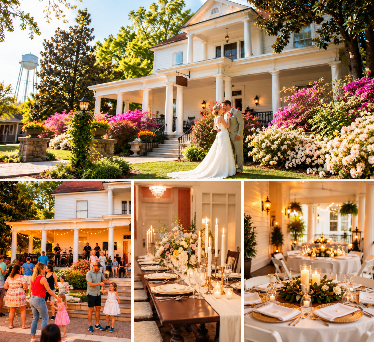Outdoor wedding celebration at The Veranda Historic Inn, a historic wedding venue in Senoia, GA, with live music and guests on the lawn.