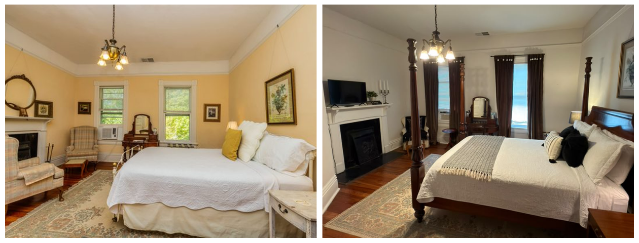 Historic guest rooms at The Veranda Historic Inn in Senoia, GA, featuring fireplaces, period details and vintage furnishings.