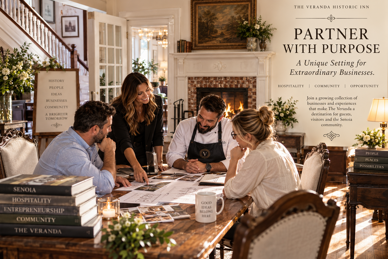 Partners collaborating on new business opportunities at The Veranda Historic Inn in Senoia, GA.