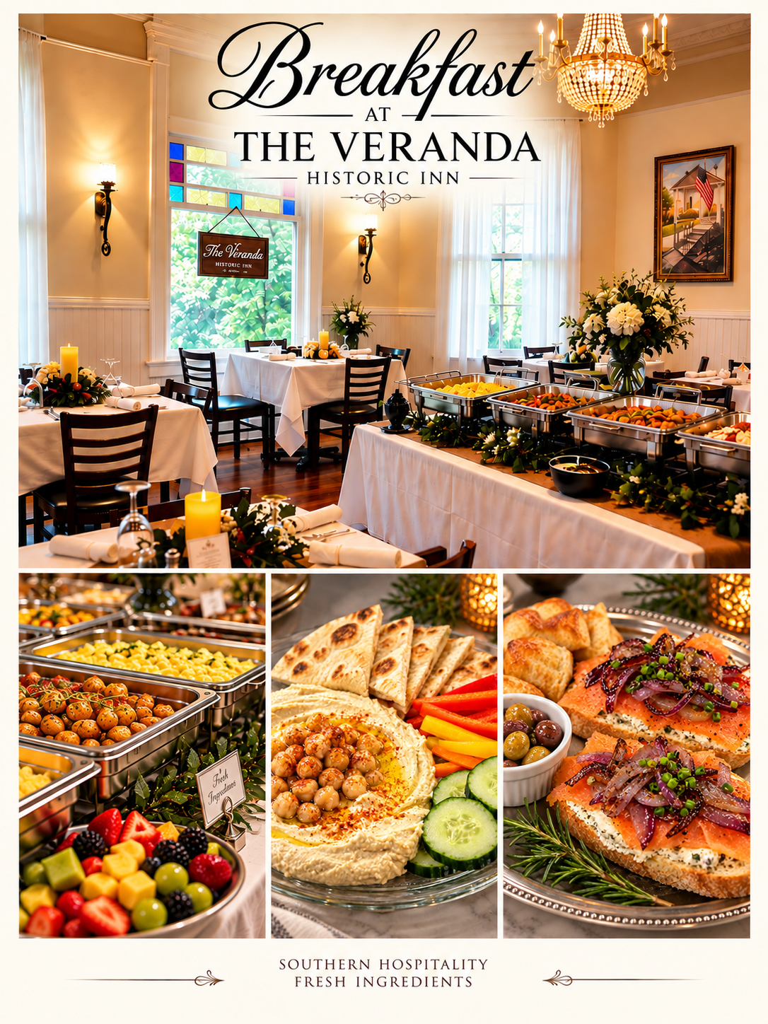 Breakfast at The Veranda Historic Inn in Senoia, GA, featuring fresh fruit, savory dishes and breakfast favorites.