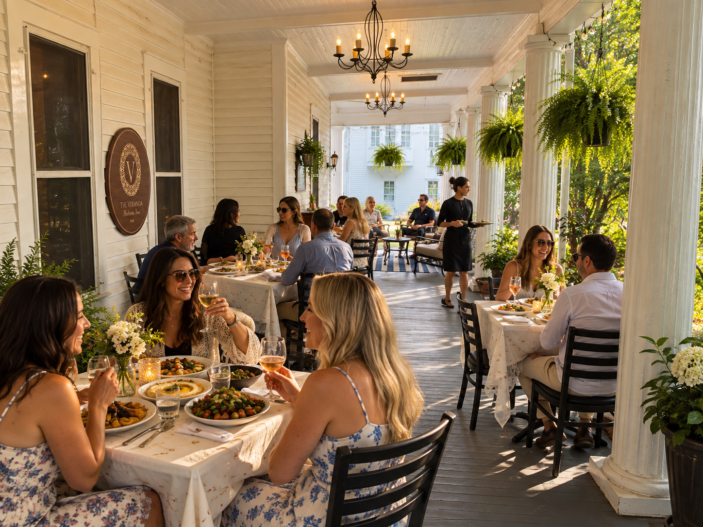 Guests dining on the historic porch at The Veranda Historic Inn in Senoia, GA.