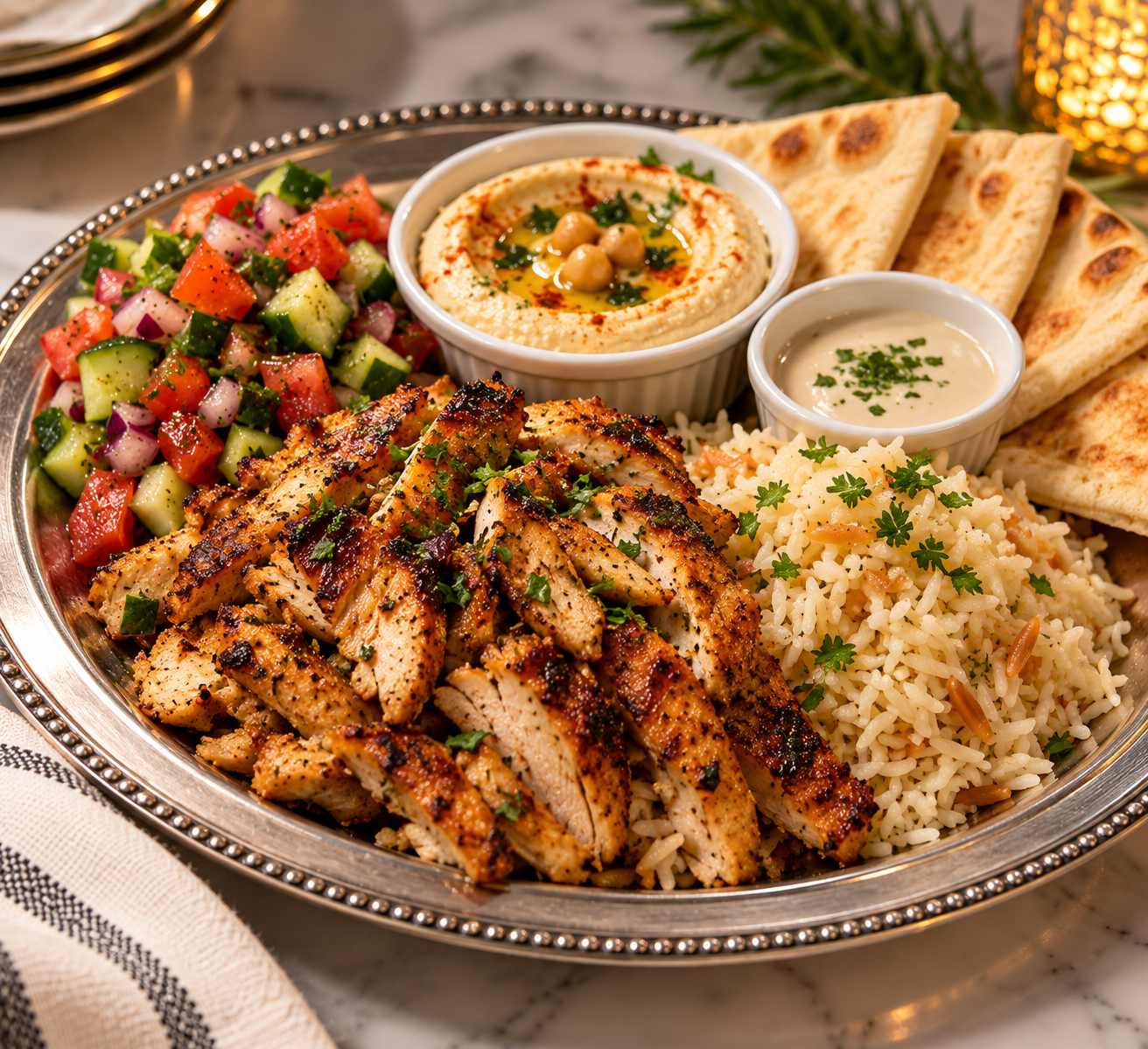 Mediterranean food platter with grilled chicken, rice, hummus, salad and flatbread at The Veranda Café in Senoia, GA.