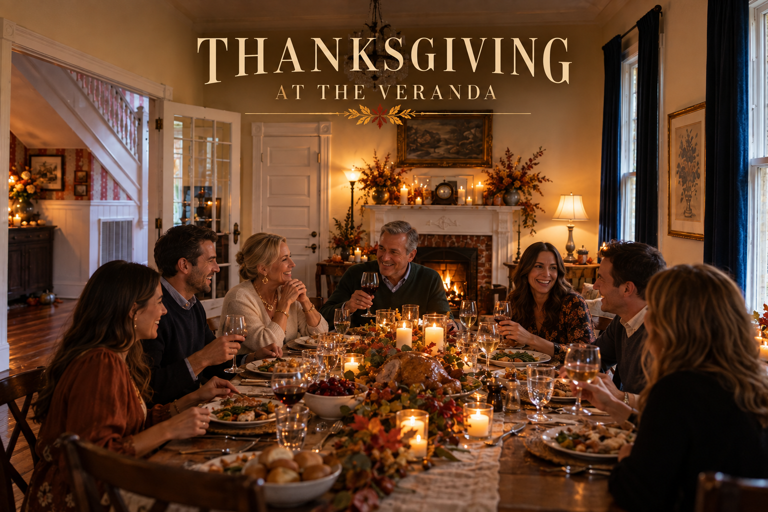 Thanksgiving dinner celebration at The Veranda Historic Inn in Senoia, GA, with guests gathered around a festive table.
