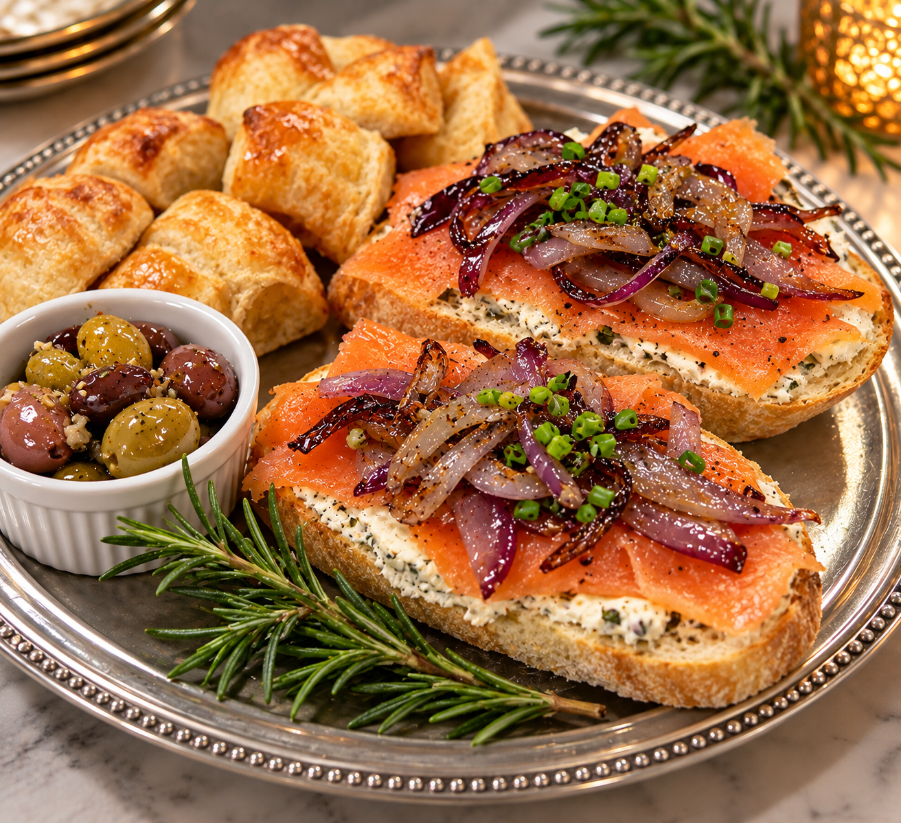 Smoked salmon open-faced sandwiches with olives and fresh herbs served at The Veranda Historic Inn in Senoia, Georgia.