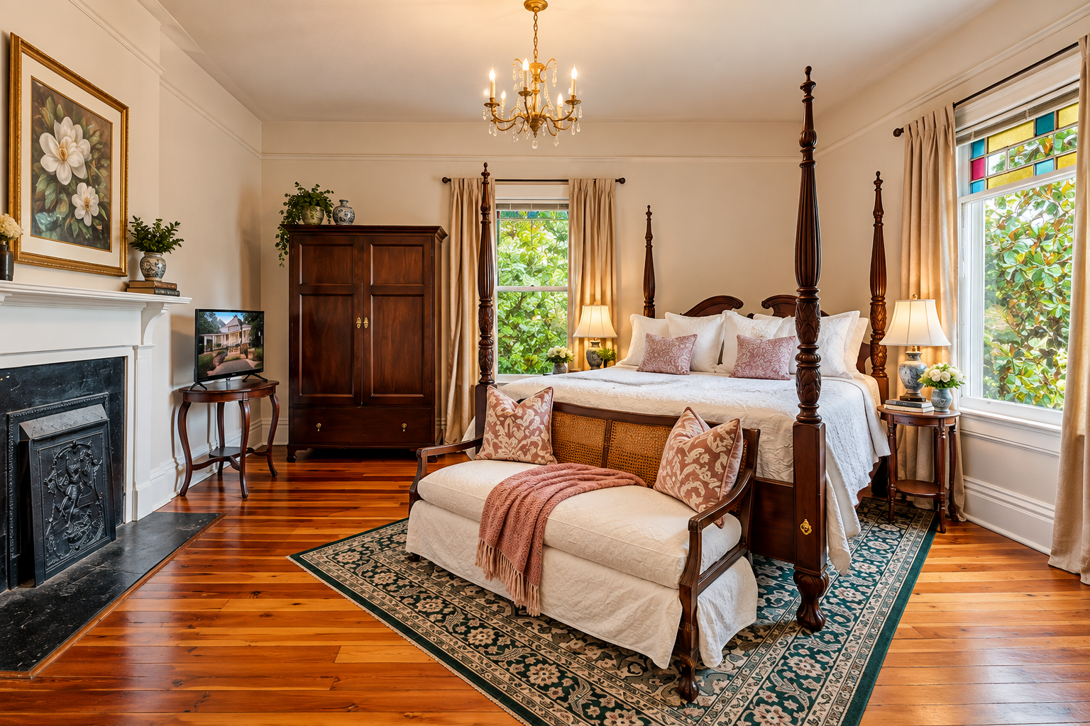 Historic guest room at The Veranda Historic Inn in Senoia, GA, featuring a four-poster bed, fireplace and antique furnishings.