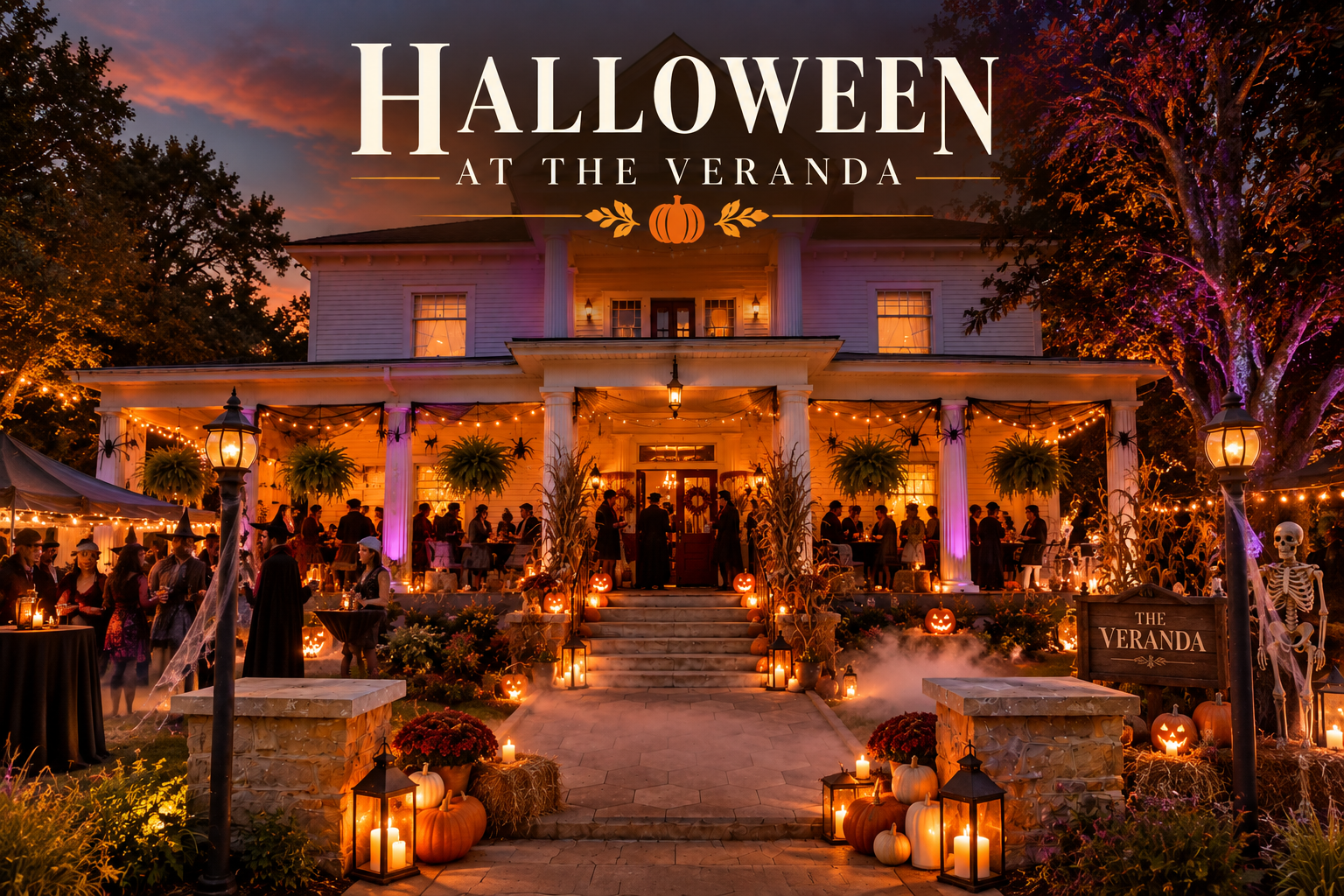 Halloween at The Veranda Historic Inn in Senoia, GA, with festive lights, pumpkins and guests celebrating at the historic inn.