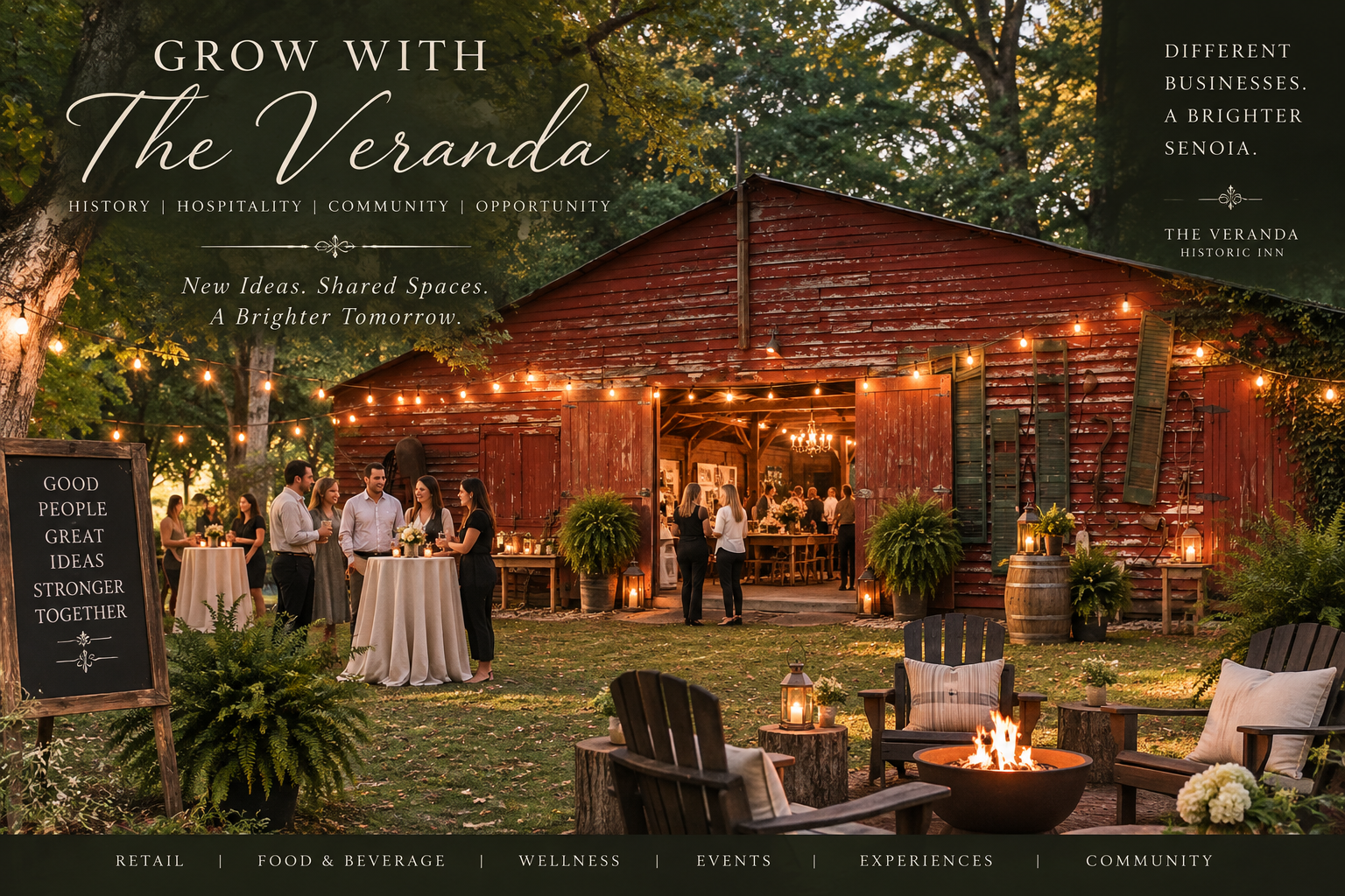 Outdoor gathering at the historic barn at The Veranda Historic Inn in Senoia, GA, with string lights, fire pit and seating.