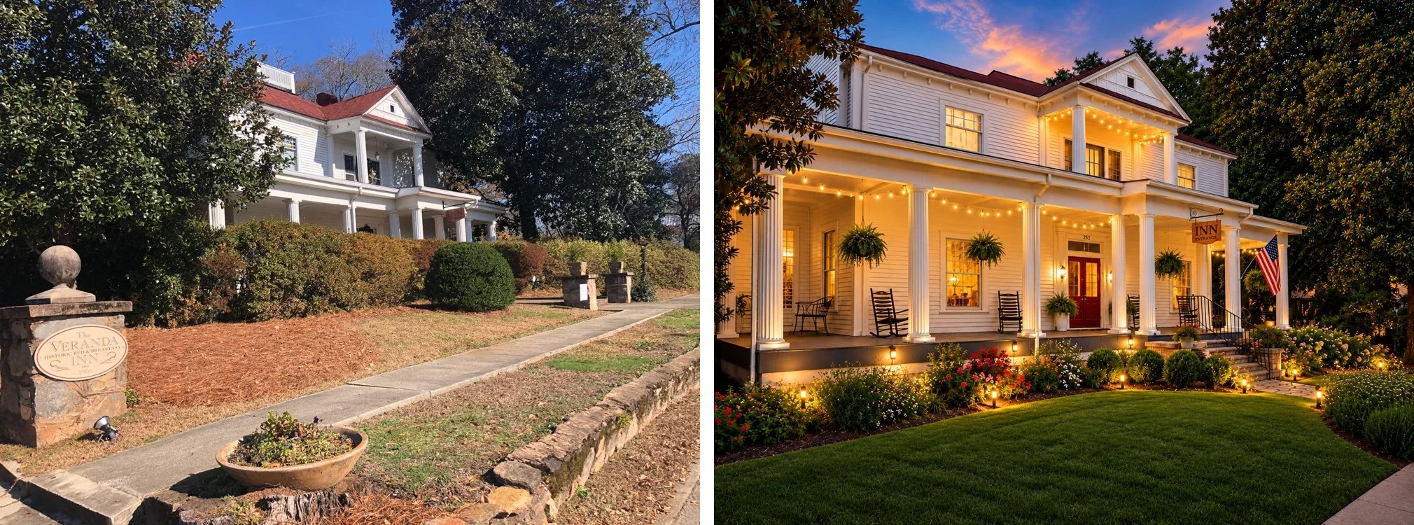 Historic and present-day views of The Veranda Historic Inn in Senoia, Georgia, showcasing the preservation of the 1906 property.