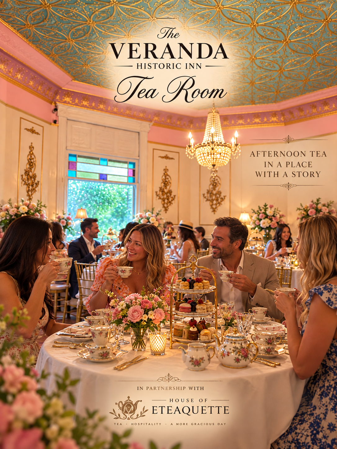 Afternoon tea at The Veranda Historic Inn Tea Room in Senoia, GA, with pastries, fine china and floral table settings.