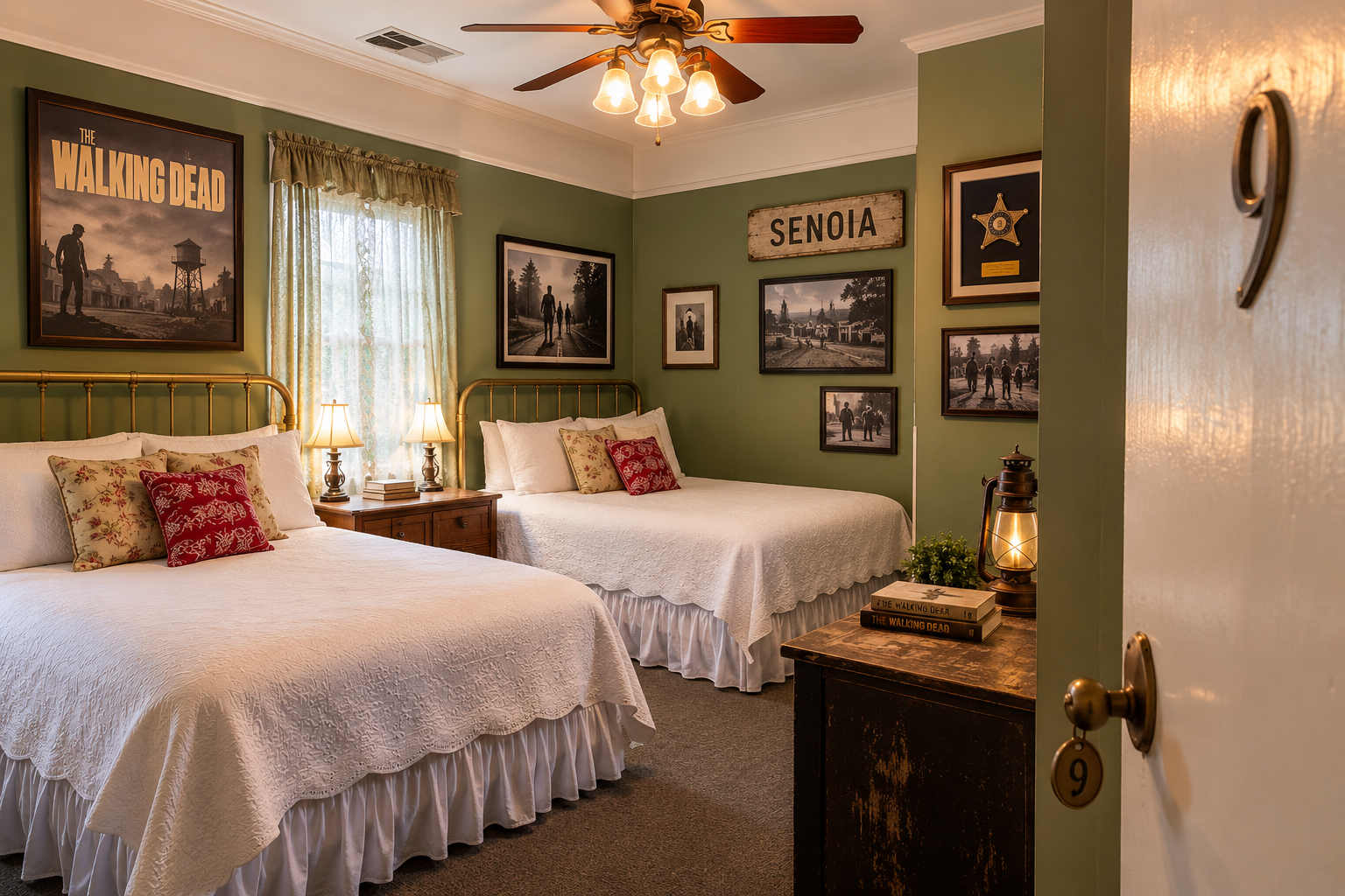 Room #9. The Walking Dead Room at The Veranda Historic Inn in Senoia, GA, featuring themed artwork and memorabilia.