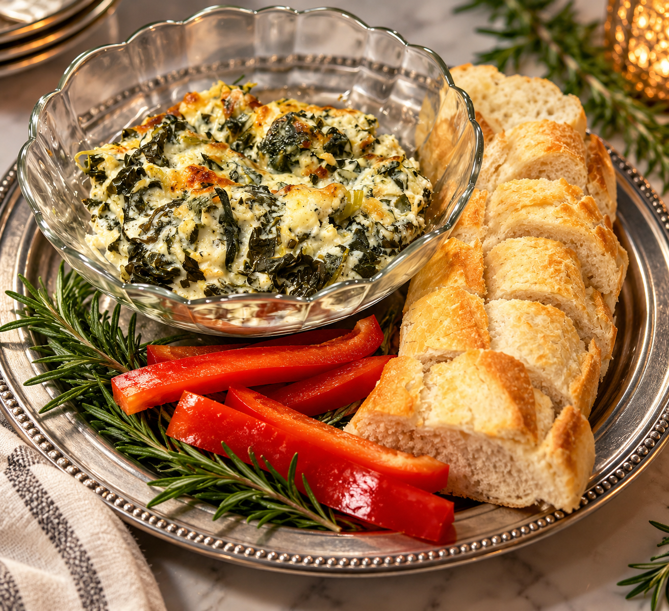 Spinach artichoke dip with bread and fresh vegetables served at The Veranda Historic Inn in Senoia, Georgia.