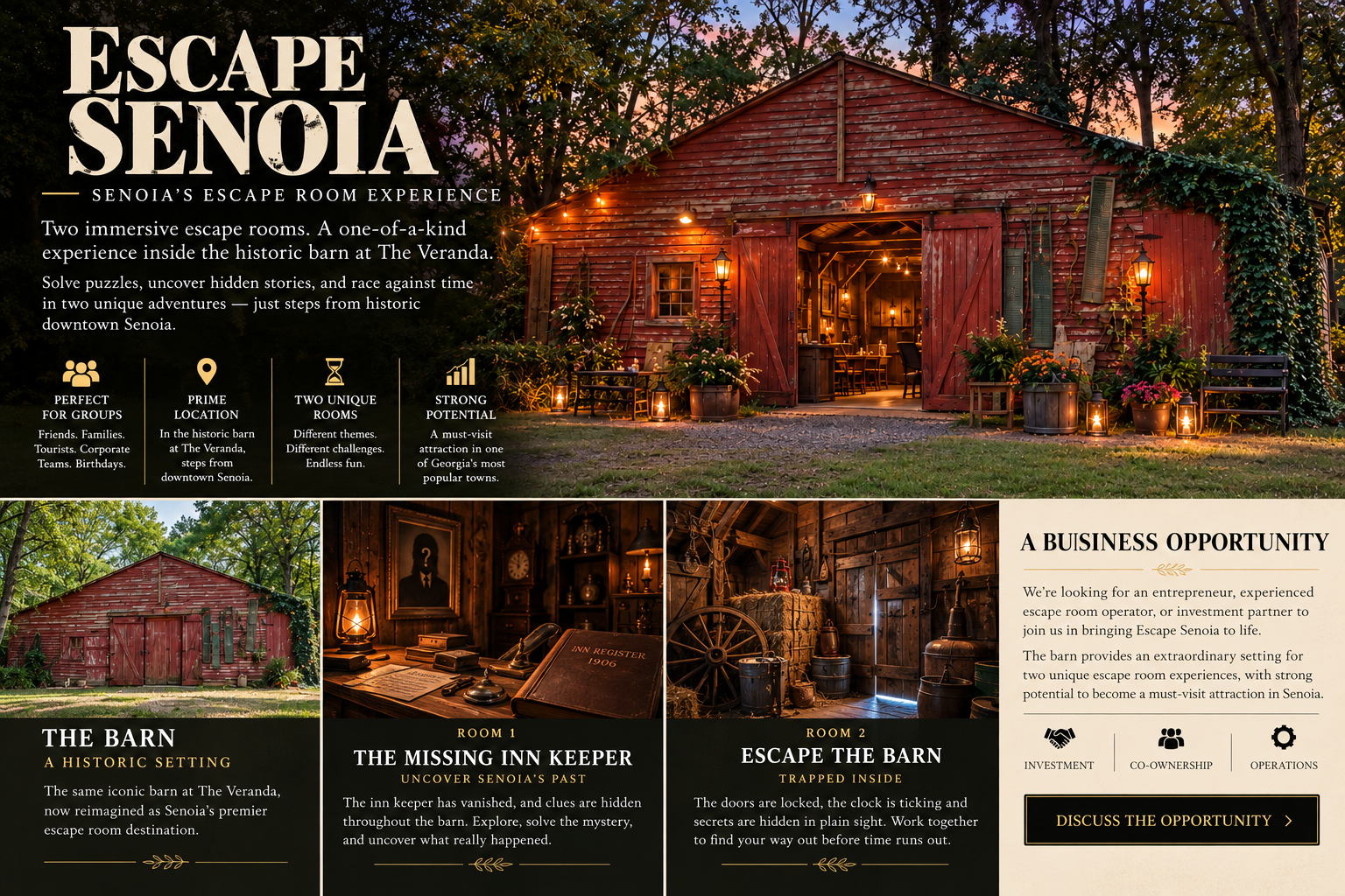 Escape Senoia, a proposed two-room escape room experience in the historic barn at The Veranda Historic Inn in Senoia, GA.