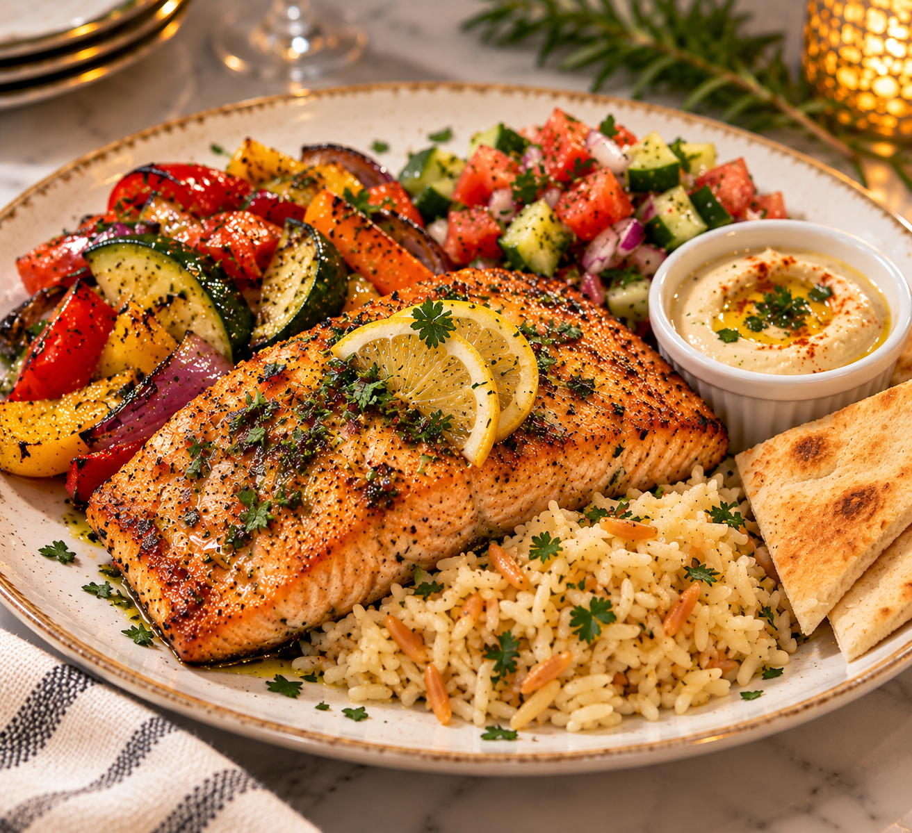 Mediterranean grilled salmon with rice, vegetables, salad and hummus at The Veranda Café in Senoia, GA.