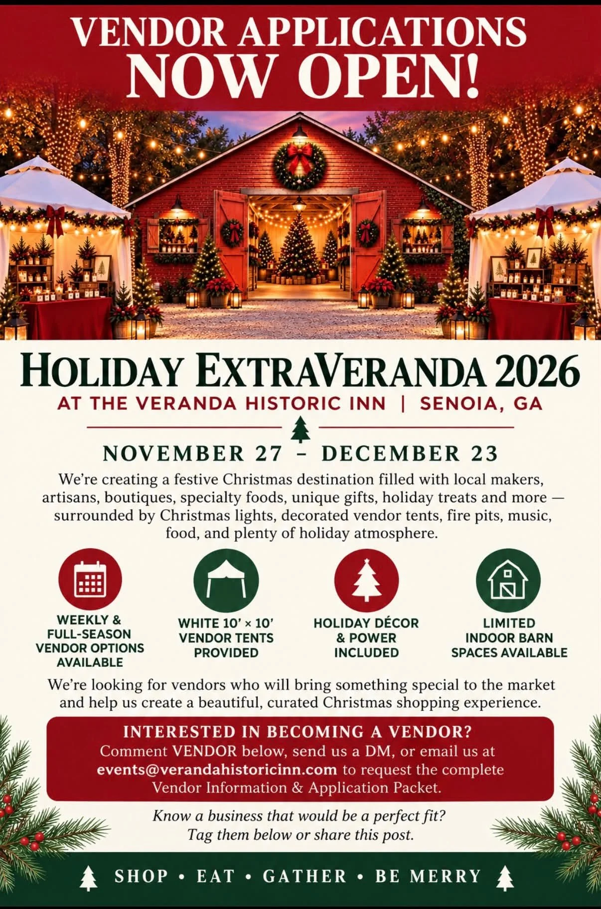 Holiday EXTRAVERANDA Christmas market at The Veranda Historic Inn in Senoia, GA, November 27 through December 23, 2026.