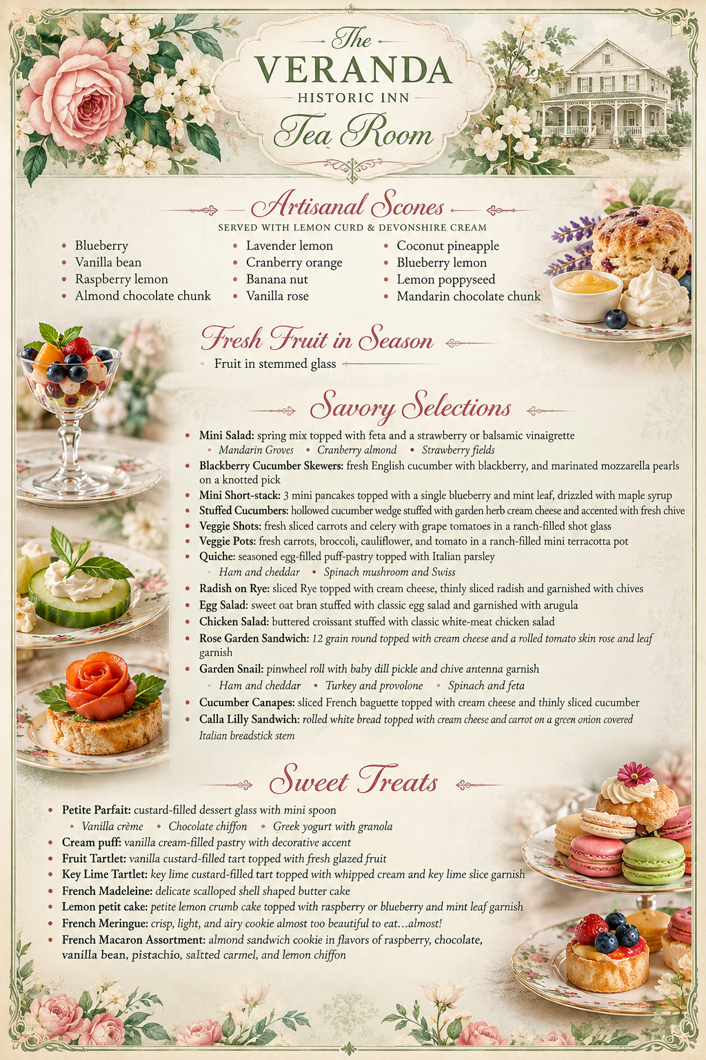 Afternoon tea menu at The Veranda Historic Inn Tea Room in Senoia, GA.