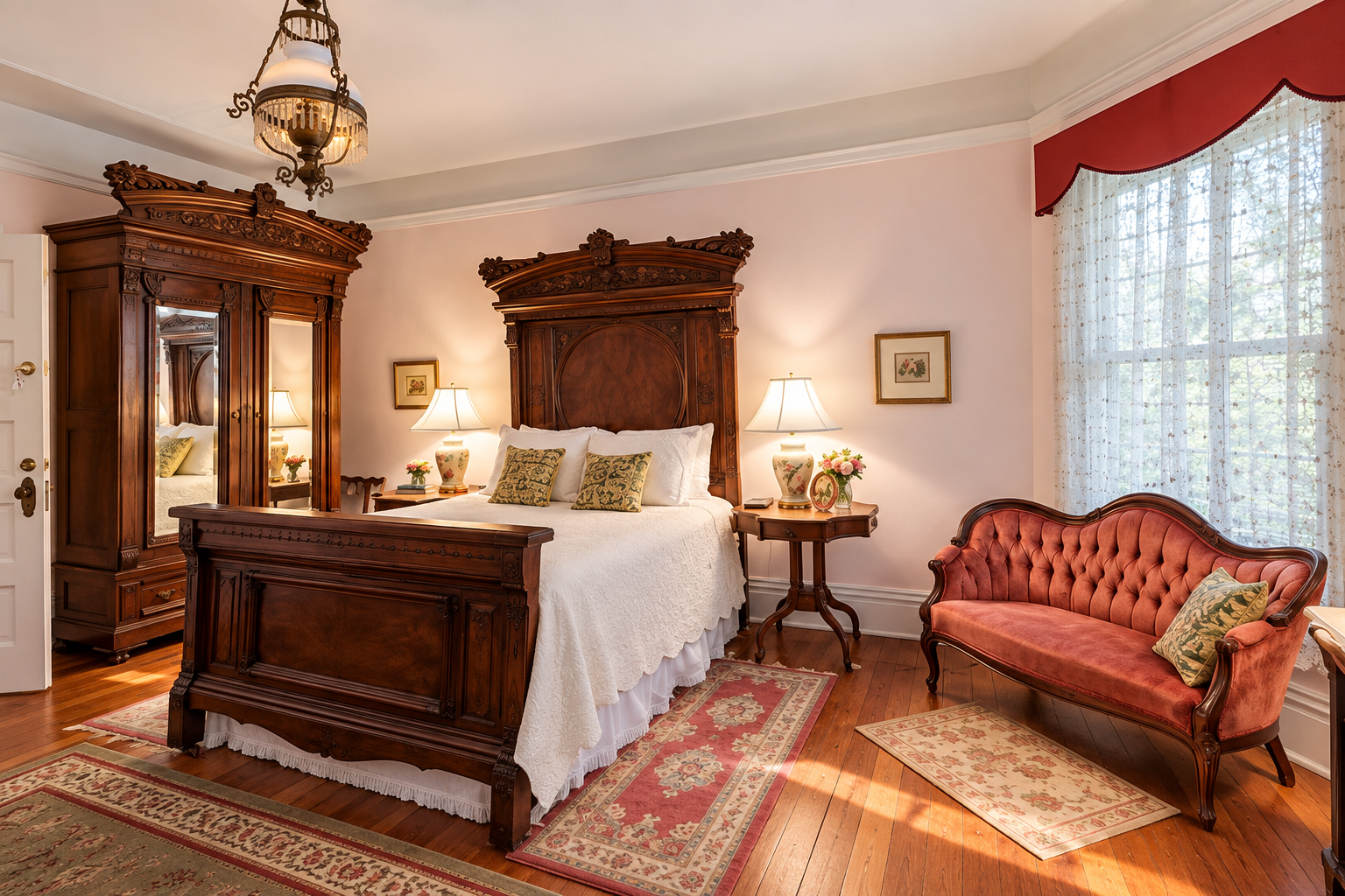 Room #8, The Bridal Suite. Historic guest room at The Veranda Historic Inn in Senoia, GA, featuring antique furnishings and a red tufted sofa.