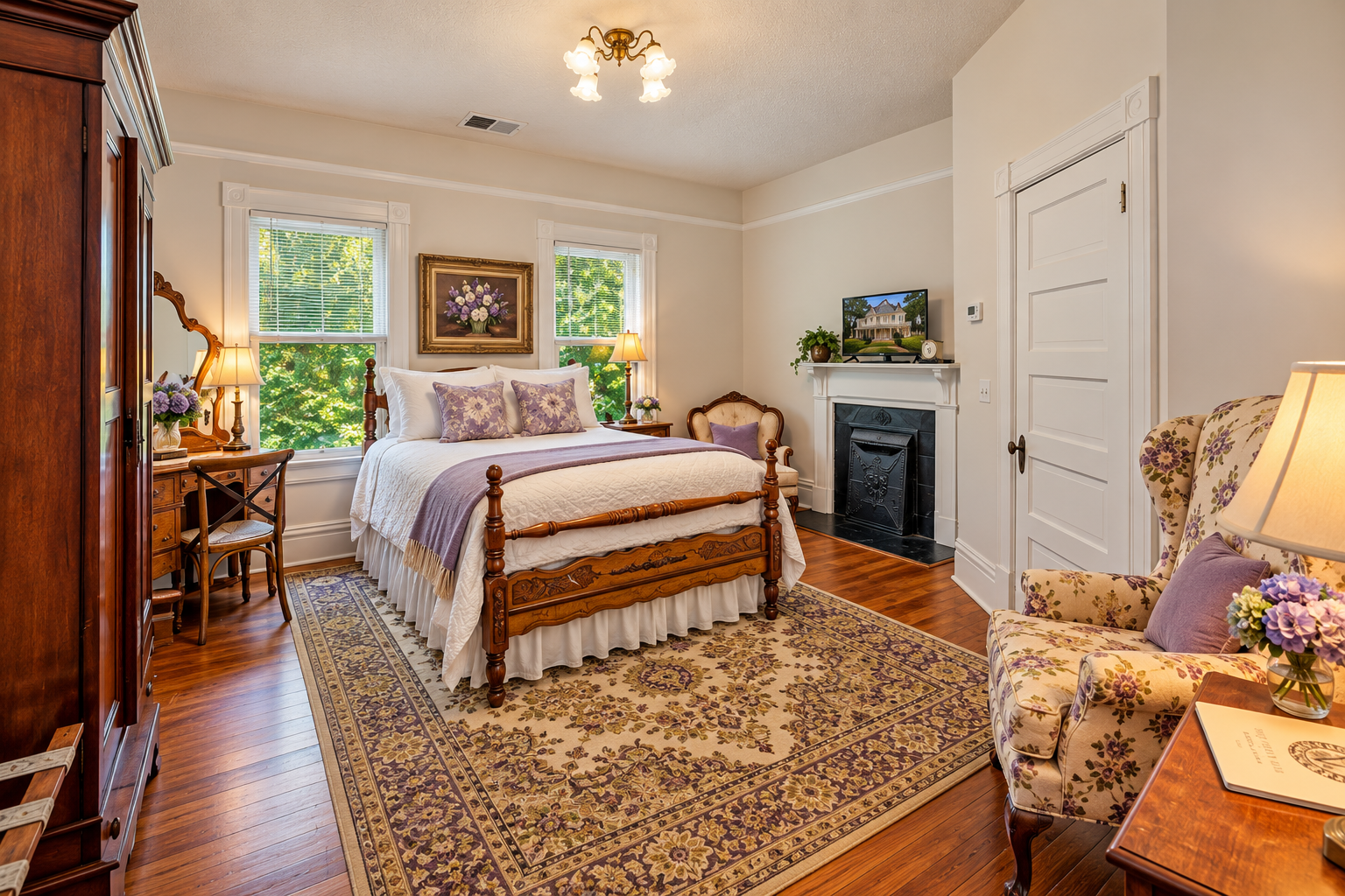 Room #5, Princess Senoia Historic guest room at The Veranda Historic Inn in Senoia, GA, featuring a four-poster bed, fireplace and vintage furnishings.
