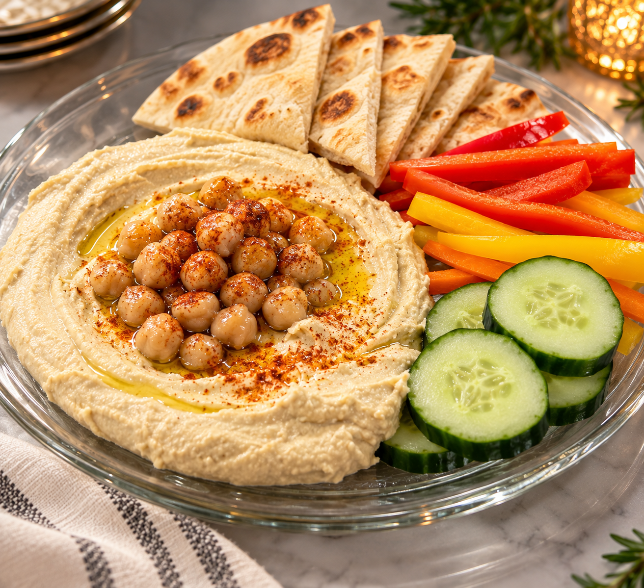 Mediterranean hummus with fresh vegetables and pita served at The Veranda Historic Inn in Senoia, Georgia.